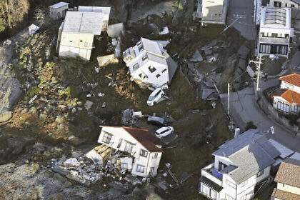 Collapsed homes from the recent Japan earthquake 2024 are visible in Kanazawa, located in Japan's Ishikawa prefecture.