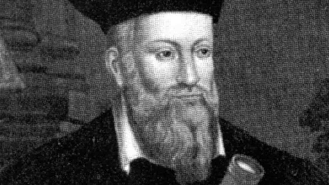 A black and white image of Nostradamus.