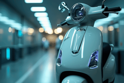 Close-up view of a polished scooter in a Biolsr eco-friendly storage facility with advanced security cameras.