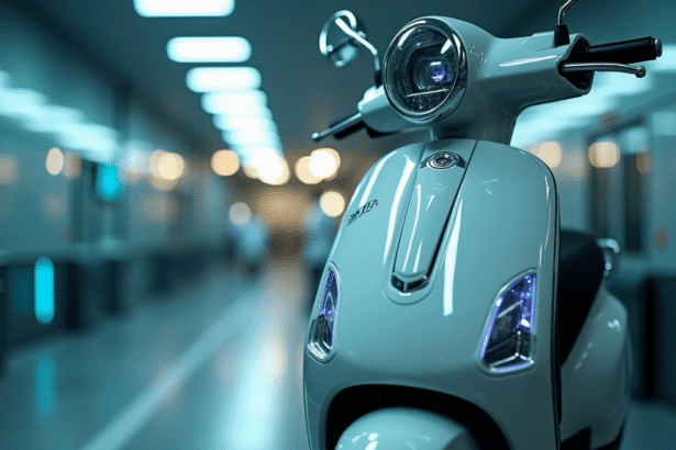Close-up view of a polished scooter in a Biolsr eco-friendly storage facility with advanced security cameras.