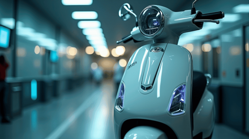 Close-up view of a polished scooter in a Biolsr eco-friendly storage facility with advanced security cameras.