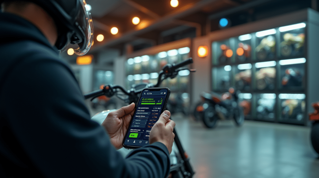 Motorcycle rider using smartphone to access the Biolsr digital booking platform with a modern, secure storage facility in the background.