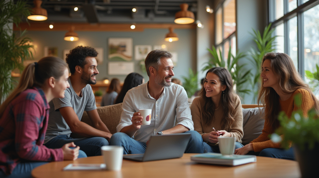 Diverse group of riders socializing in a communal lounge area at the Biolsr facility, sharing tips and building community.