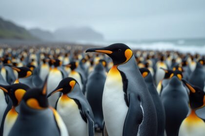 a totally rare golden penguin was found living among 120,000 king penguins on a remote island