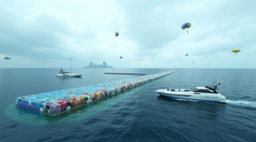 Dutch Engineers built a giant ocean vaccuum, a 600-meter floating device that collects tons of plastic waste from the Pacific