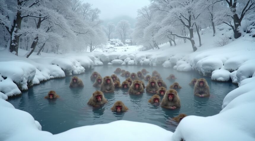 In Japan, snow monkeys soak in hot springs, but high ranking femals dominate the pools with males and low-ranking monkeys getting chased away