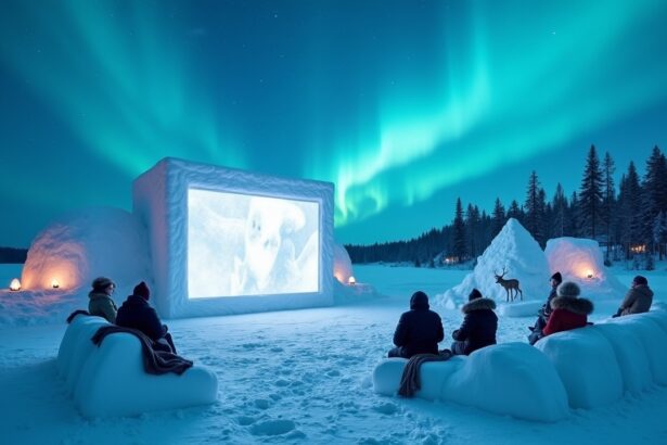 Finland's frozen lakes host natural cinemas, screens made of ice and snow, with silent films projected during winter nights