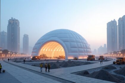 China installs a giant 50 meter tall inflatable dome to block construction dust and noise pollution in Jinan City